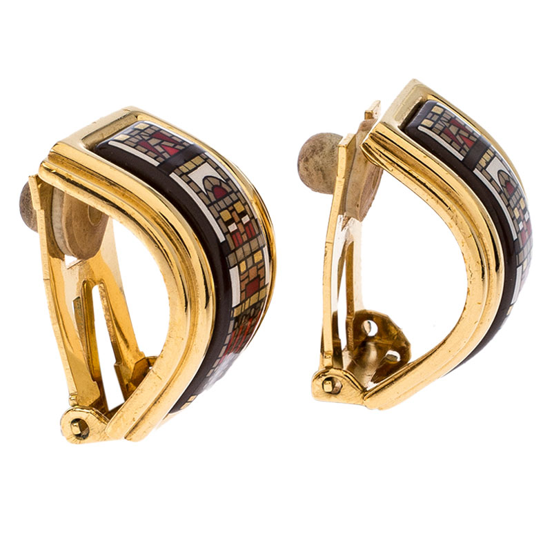 

Hermes Printed Enamel Inlay Gold Plated Clip-on Earrings