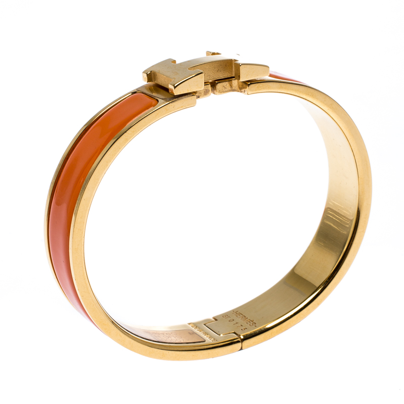 

Hermes Clic Clac H Orange Enamel Gold Plated Narrow Bracelet PM