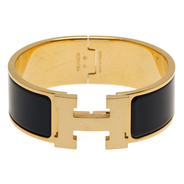 Pre Owned Hermes Clic Clac H Wide Gold-Plated Blue Enamel Bracelet PM