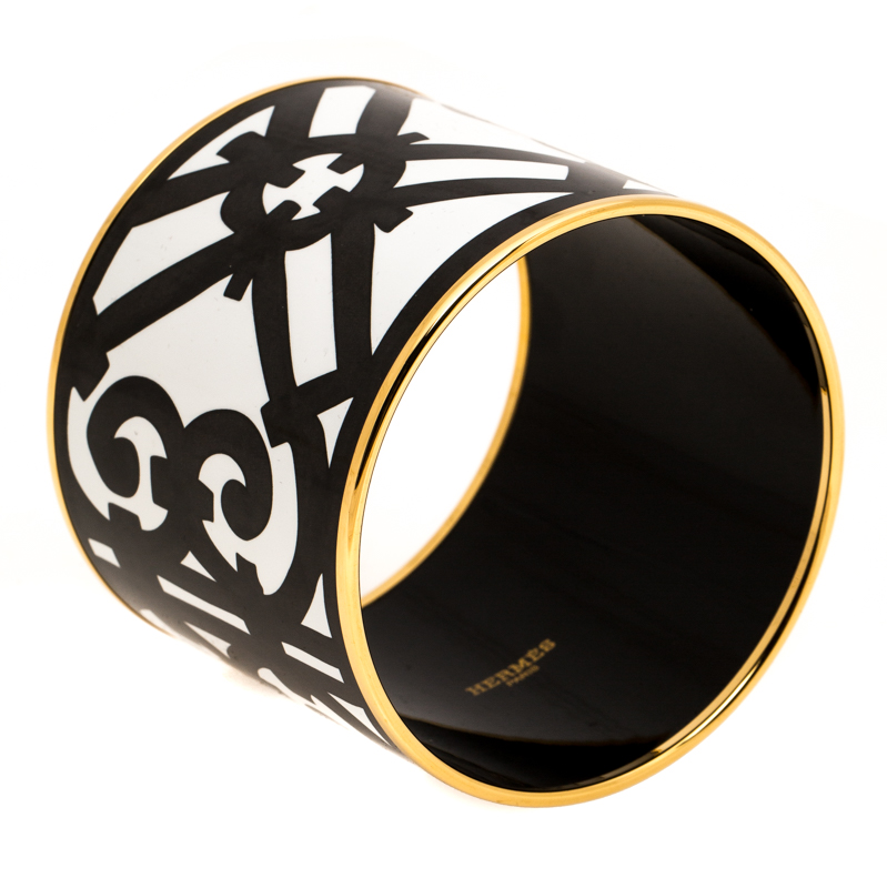 

Hermes Monochrome Printed Enamel Gold Plated Extra Wide Bangle Bracelet, White