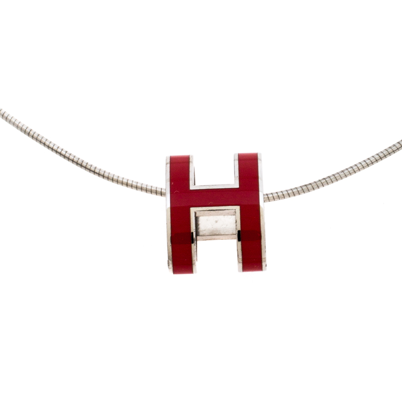 Pre Owned  Hermes Pop H Red Lacquer Palladium Plated Pendant