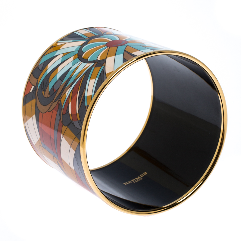 

Hermes Multicolor Printed Enamel Gold Plated Extra Wide Bangle Bracelet