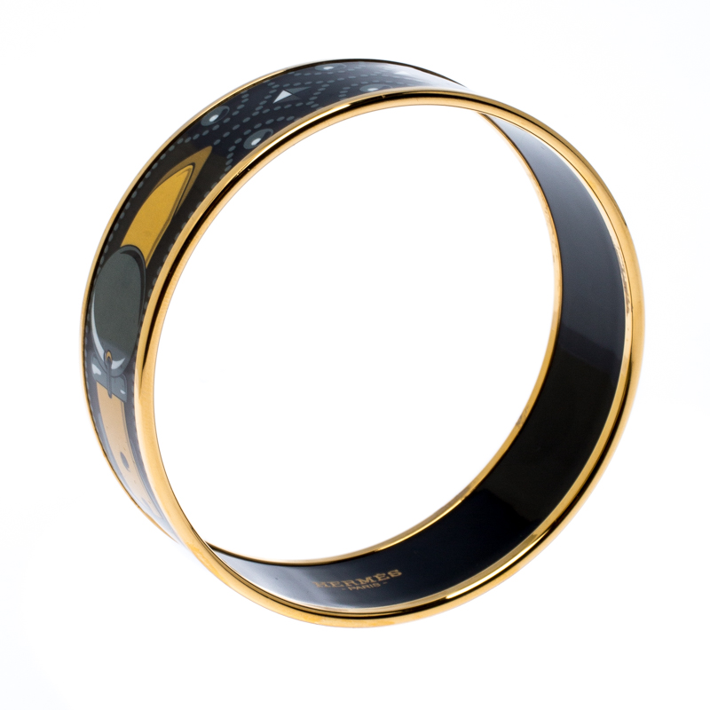 

Hermes Black Printed Enamel Gold Plated Wide Bangle Bracelet