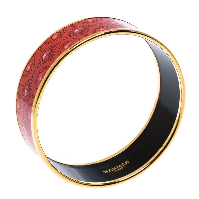 

Hermes Red Printed Enamel Gold Plated Wide Bangle Bracelet