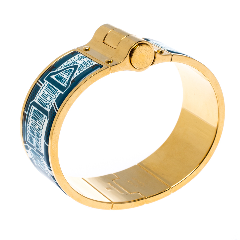 

Hermes Gold Plated Eperon d'Or Bandana Enamel Print Wide Hinged Bracelet, Blue