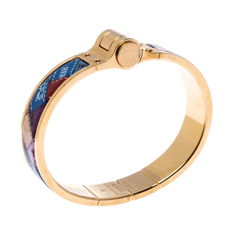 

Hermes Bleus Fumoir Enamel Gold Plated Bolduc au Carre Hinged Bracelet, Multicolor