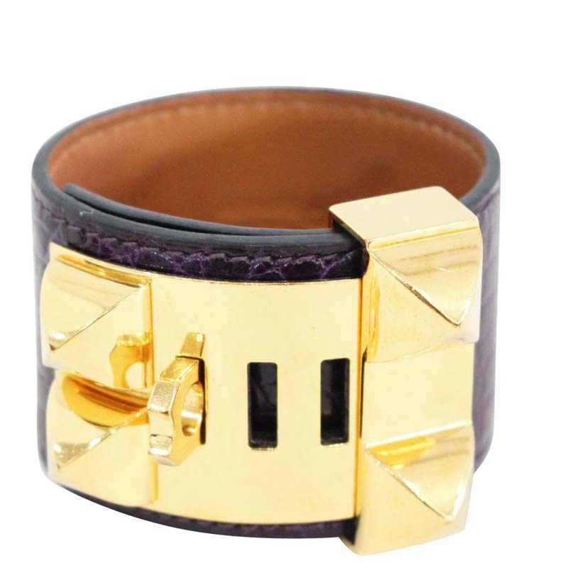 

Hermes Collier De Chien Purple Croc Leather Gold Plated Cuff Bracelet