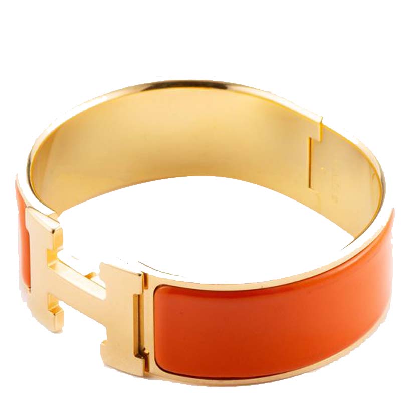 

Hermes Clic Clac H Orange Enamel Gold Plated Wide Bracelet PM