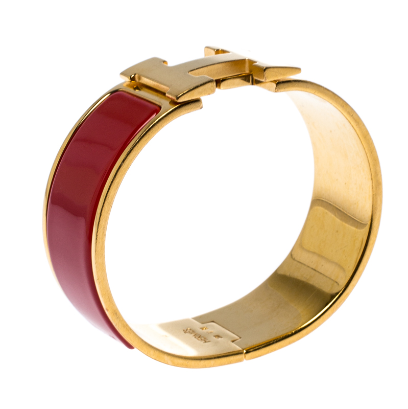 

Hermes Clic Clac H Red Enamel Gold Plated Wide Bracelet PM