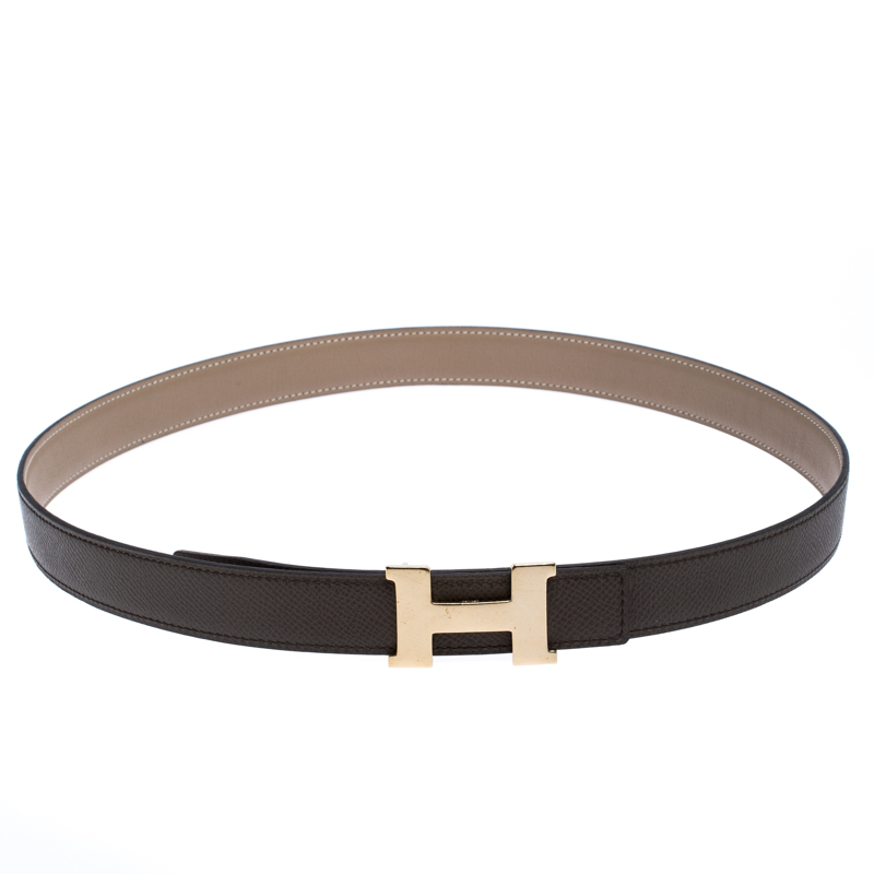 Pre Owned Hermes Grey Leather H Logo Constance Reversible Belt 85 CM