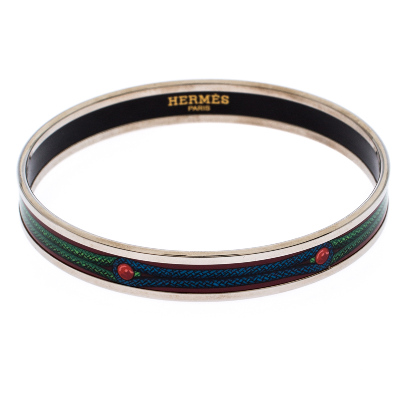 Pre Owned Hermes Multicolor Printed Enamel Palladium Plated Narrow Bangle Bracelet