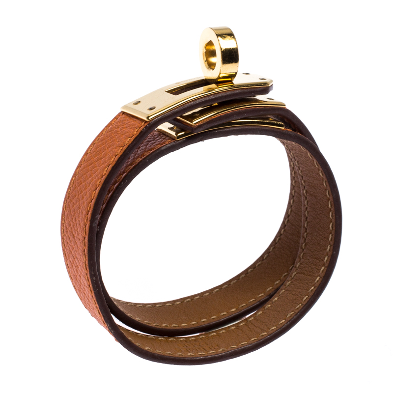 

Hermes Kelly Double Tour Orange Leather Gold Plated Wrap Bracelet