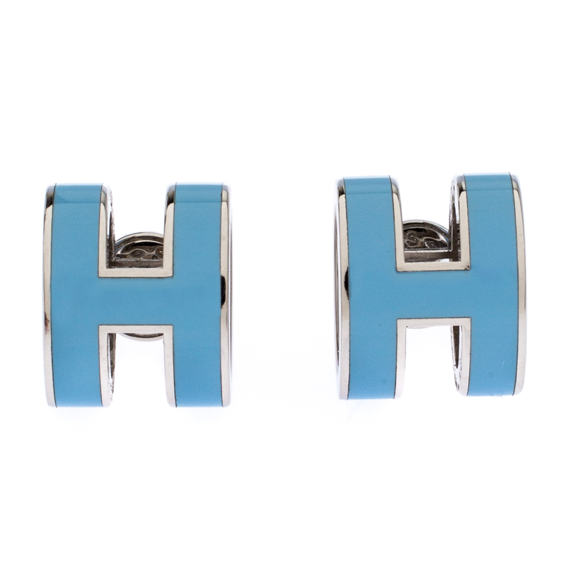 Pre Owned Hermes Pop H Blue Lacquered Palladium Plated Stud Earrings