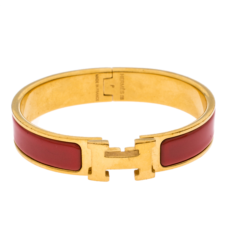 Pre-owned Hermes Clic H Pink Enamel Gold Plated Narrow Bracelet Pm