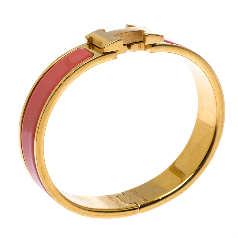 

Hermes Clic H Pink Enamel Gold Plated Narrow Bracelet PM