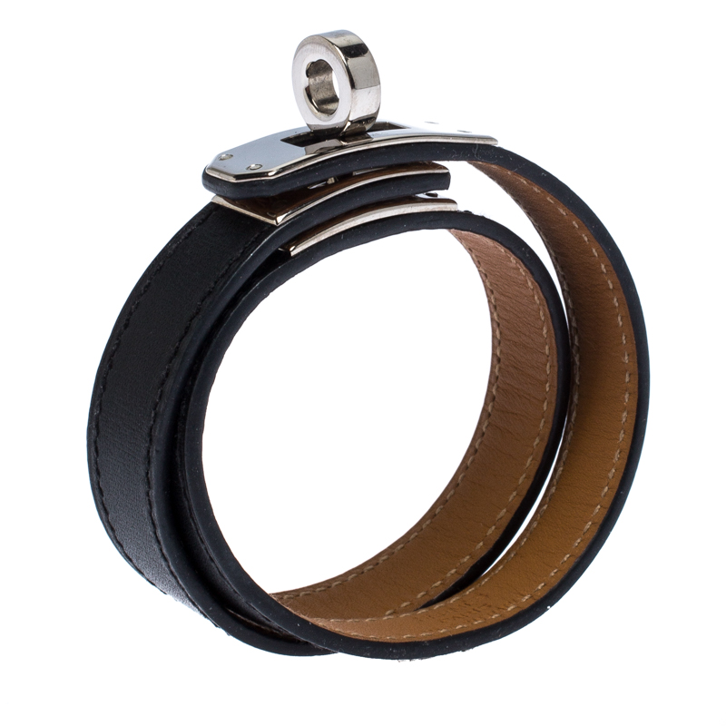 

Hermes Kelly Double Tour Black Leather Palladium Plated Wrap Bracelet