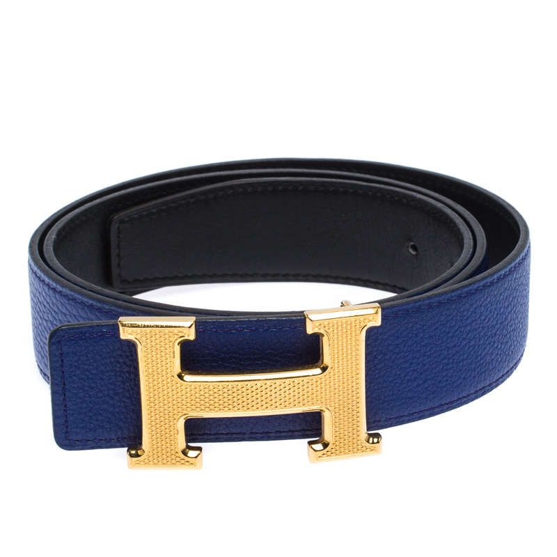 

Hermes Black/Electric Blue Swift and Epsom Leather Guillochee Finish H Buckle Belt Size