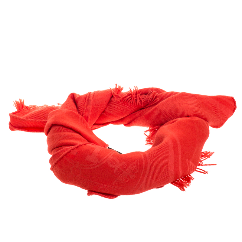 

Hermes Orange Silk Cashmere Blend Fringed Scarf