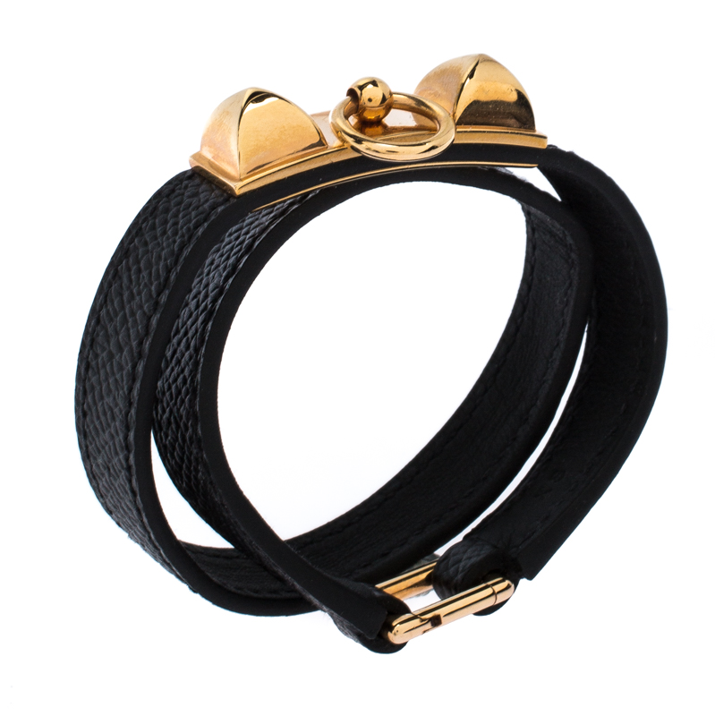 

Hermès Rivale Double Tour Black Leather Gold Plated Bracelet
