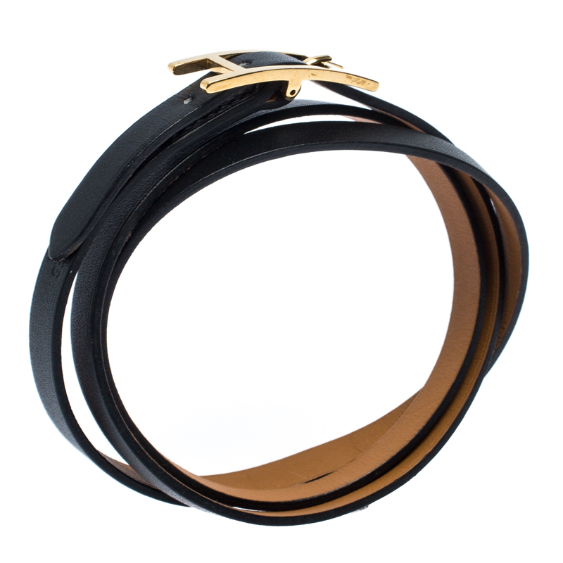 

Hermès Hapi 3 Black Leather Gold Plated Wrap Bracelet