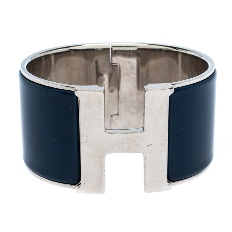 Pre-owned Hermes Hermès Clic Clac H Blue Biarritz Palladium Plated Extra Wide Bracelet Gm
