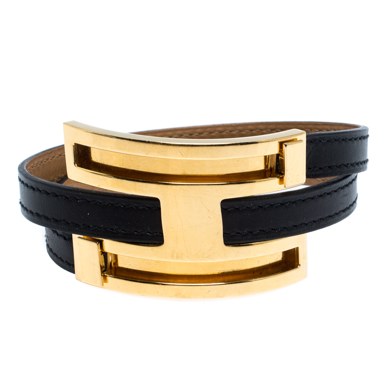 Hermès Black Leather Pousse Pousse Gold Plated Bracelet