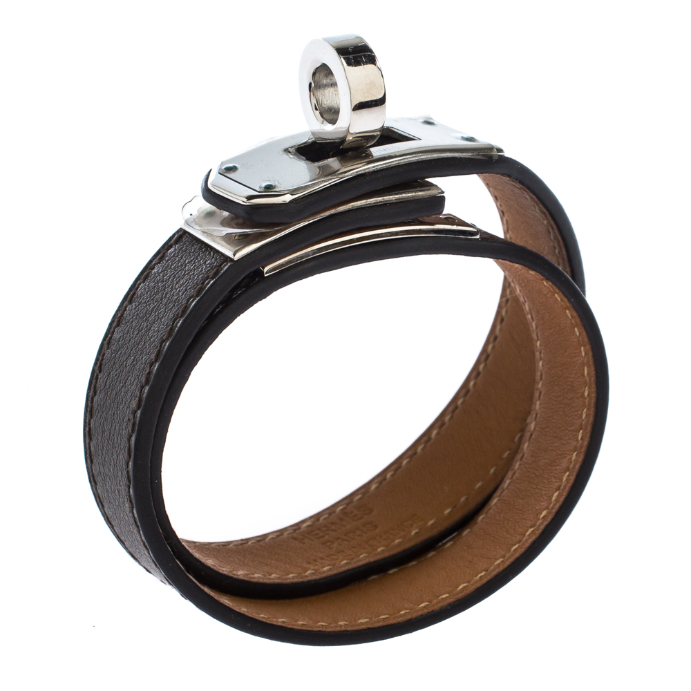 

Hermes Kelly Double Tour Brown Leather Palladium Plated Wrap Bracelet