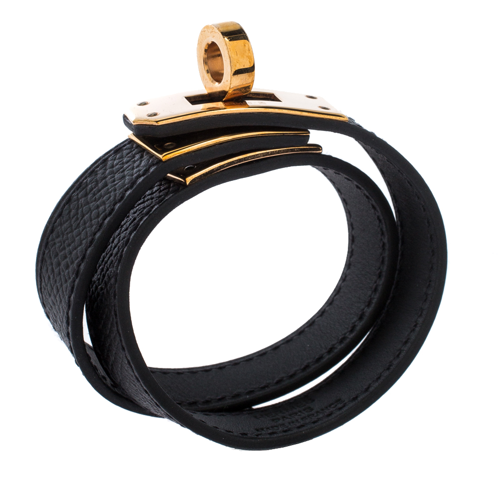 

Hermes Kelly Double Tour Black Leather Gold Plated Wrap Bracelet