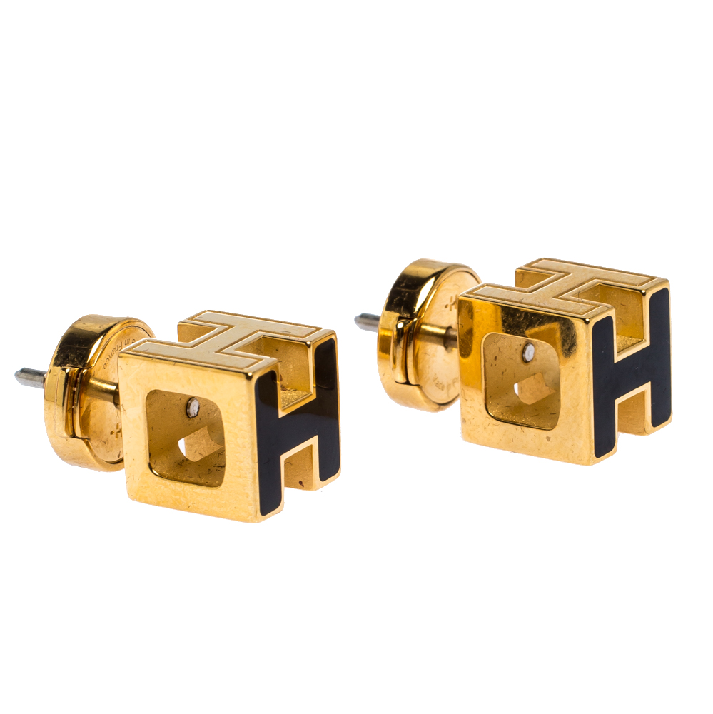 

Hermes Cage d'H Black Lacquer Yellow Gold Plated Stud Earrings