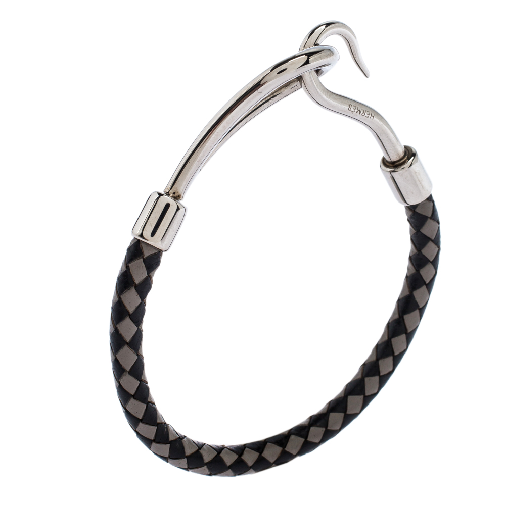 

Hermès Bicolor Braided Leather Palladium Plated Jumbo Hook Bracelet, Silver