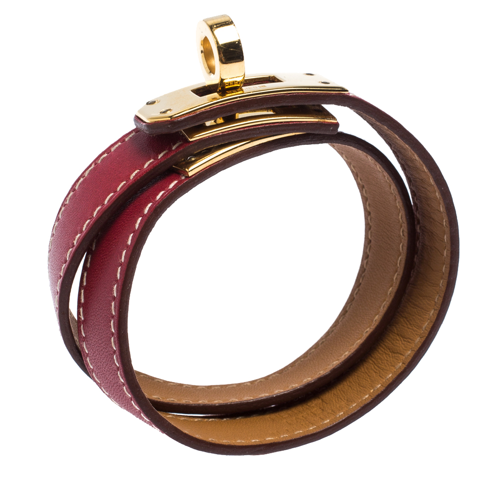 

Hermes Kelly Double Tour Red Leather Gold Plated Wrap Bracelet