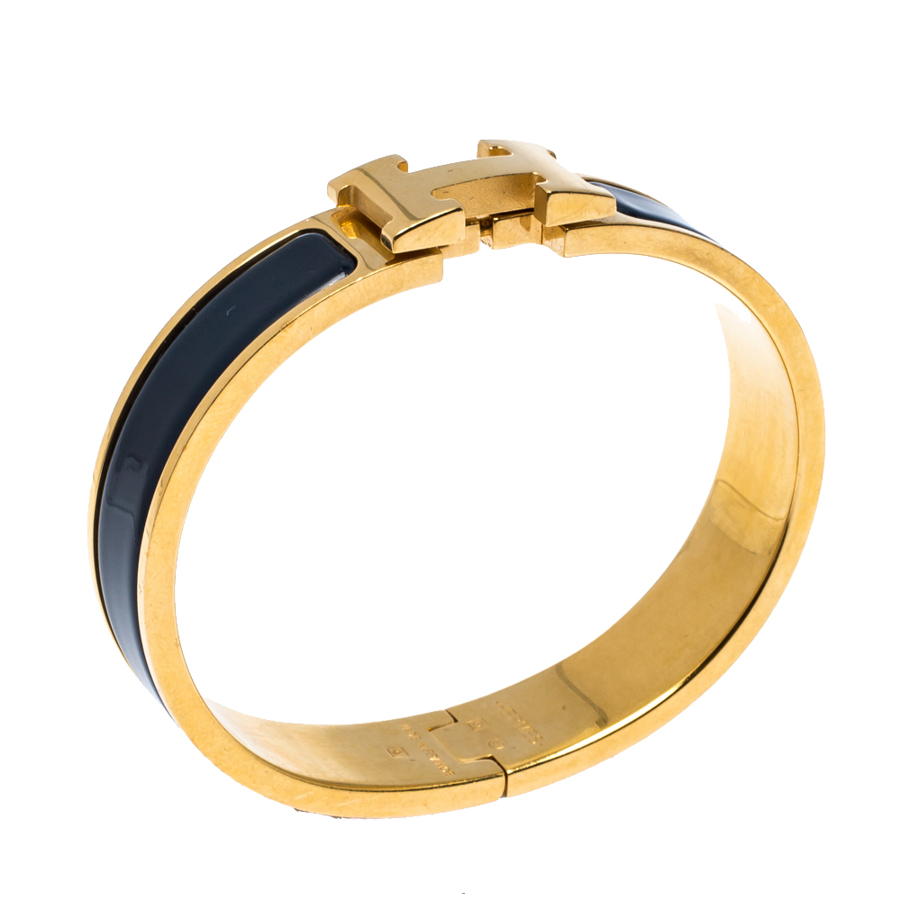 

Hermès Clic H Blue Enamel Gold Plated Narrow Bracelet PM