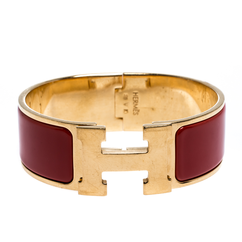 Hermès Clic Clac H Rouge Amarante Gold Plated Wide Bracelet PM