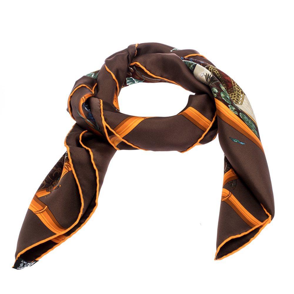 

Hermès Chocolat Brown Jardins D'Hiver Silk Twill Square Scarf