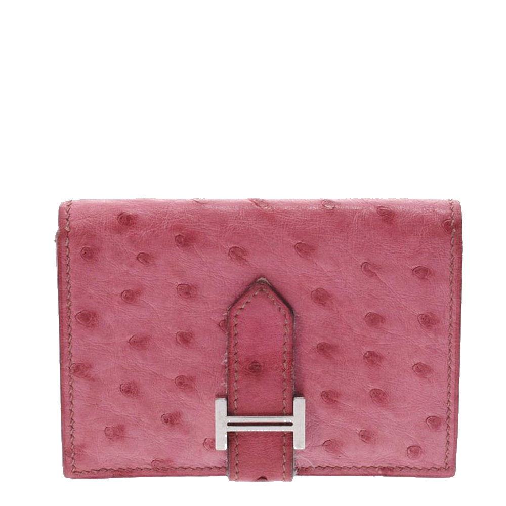 Hermes Pink Ostrich Leather Bearn Card Holder