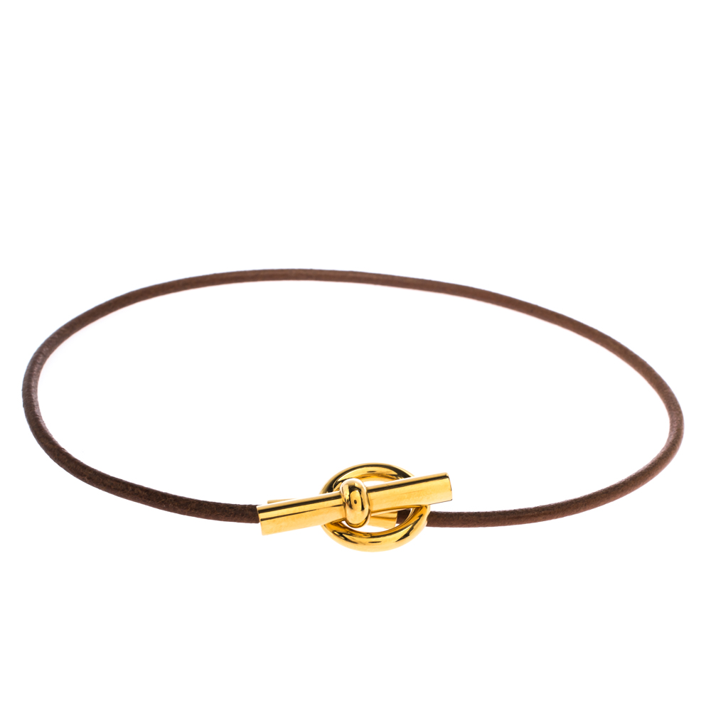 

Hermes Glenan Brown Leather Gold Tone Toggle Choker Necklace