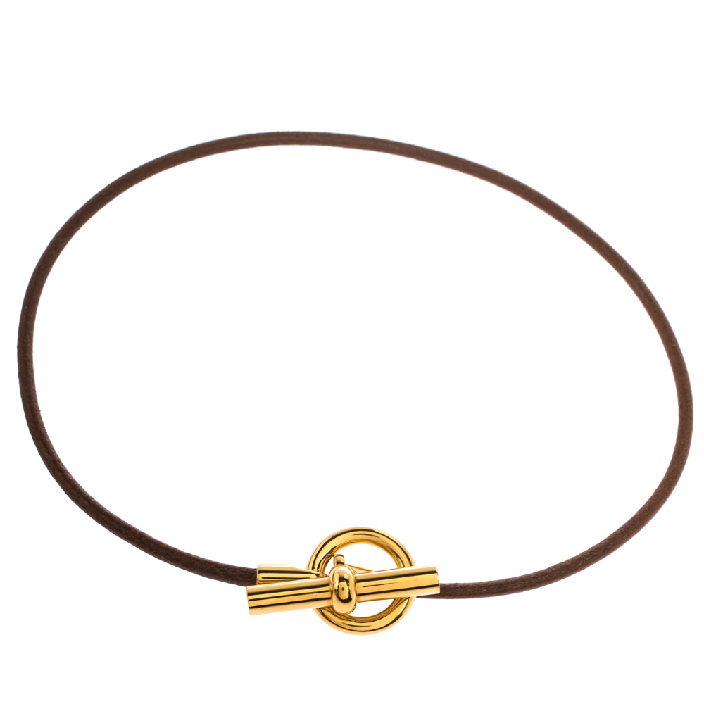 Hermes Glenan Brown Leather Gold Tone Toggle Choker Necklace
