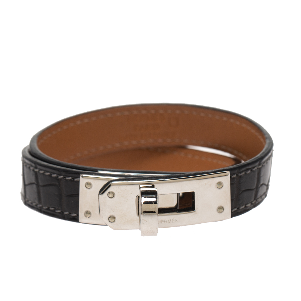 Pre Owned Hermes Kelly Double Tour Black Exotic Leather Palladium Plated Bracelet S