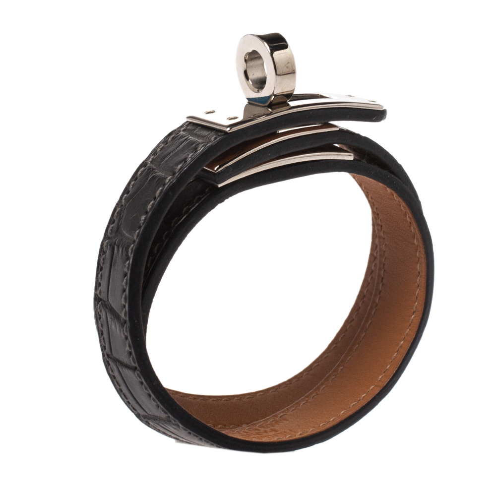 

Hermes Kelly Double Tour Black Exotic Leather Palladium Plated Bracelet