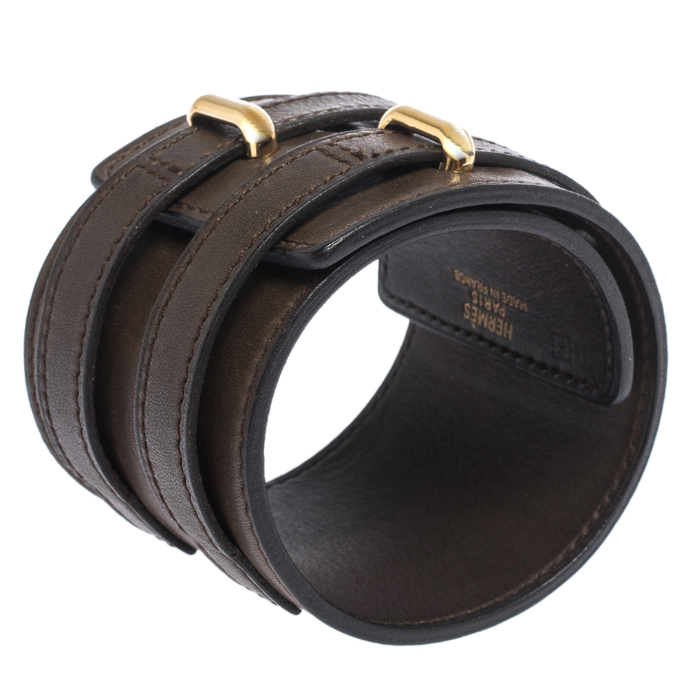 

Hermes Brown Leather Gold Plated Wide Cuff Adjustable Bracelet
