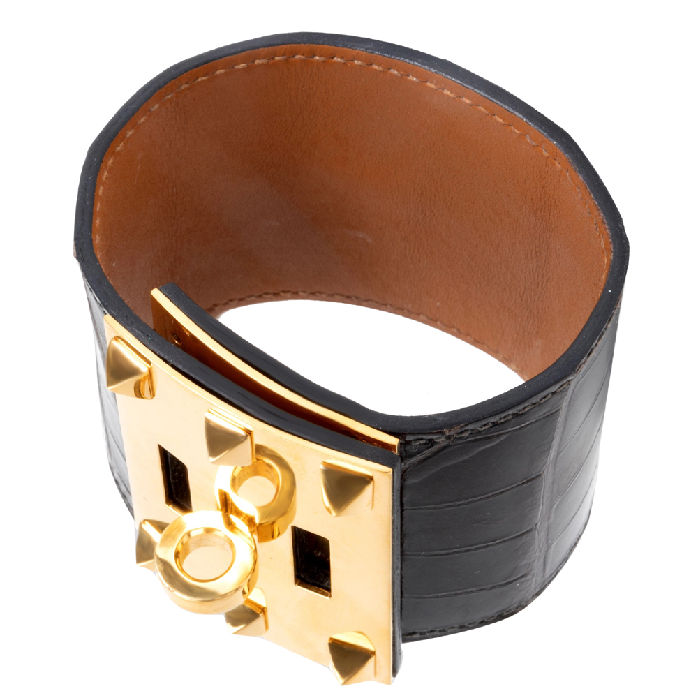 

Hermes Kelly Dog Extreme Alligator Leather Wide Gold Hardware Bracelet, Black