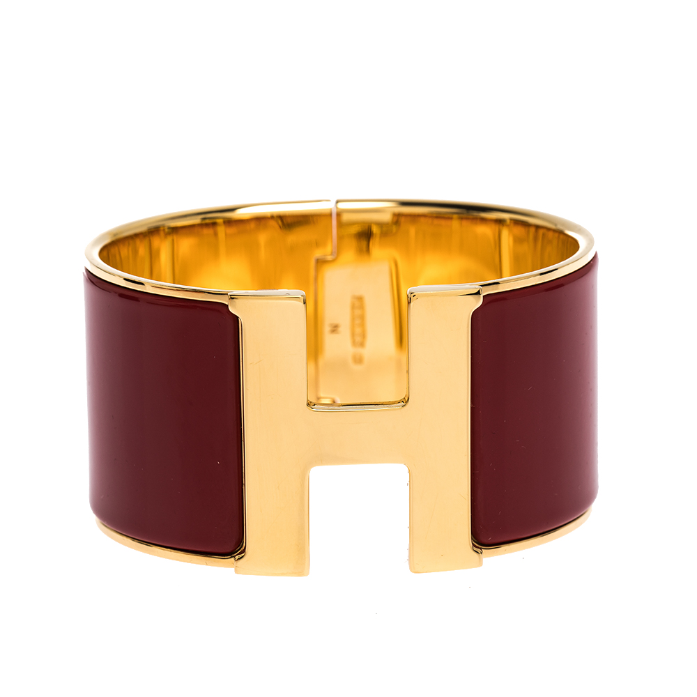 Pre Owned Hermes Clic H Red Enamel Gold Plated Extra Wide Bracelet