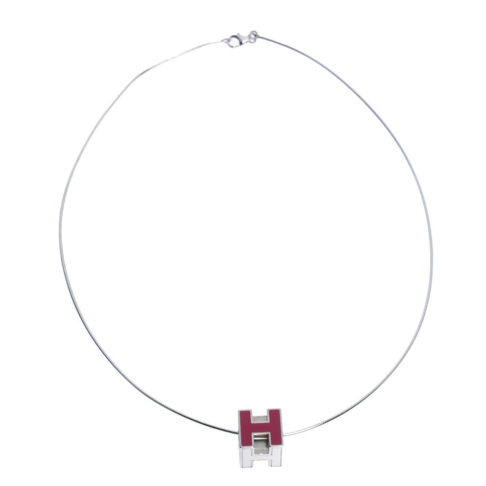 

Hermes Cage d'H Pink Lacquer Palladium Plated Pendant Necklace