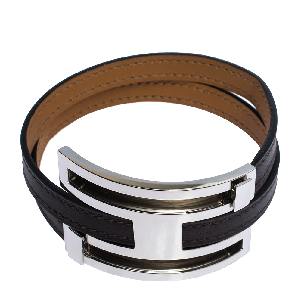 

Hermes Pousse Pousse Brown Leather Palladium Plated Adjustable H Bracelet
