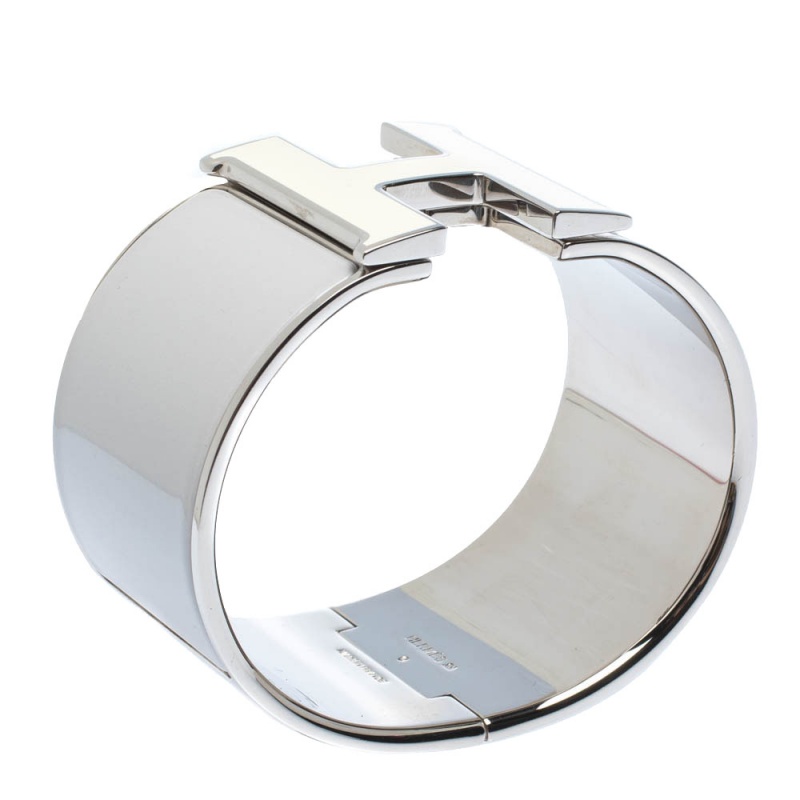 

Hermès Clic Clac H Grey Enamel Palladium Plated Extra Wide Bracelet GM