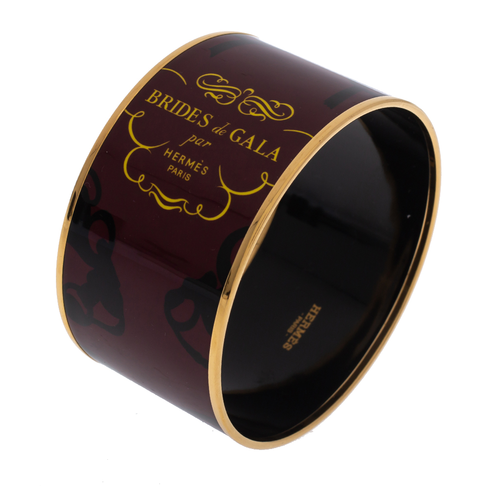 

Hermes Brides De Gala Tattoo Printed Enamel Extra Wide Bangle Bracelet, Burgundy