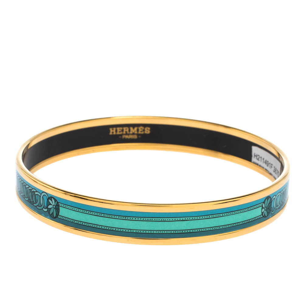 Pre Owned Hermes Turquoise Printed Enamel Gold Plated Narrow Bangle Bracelet