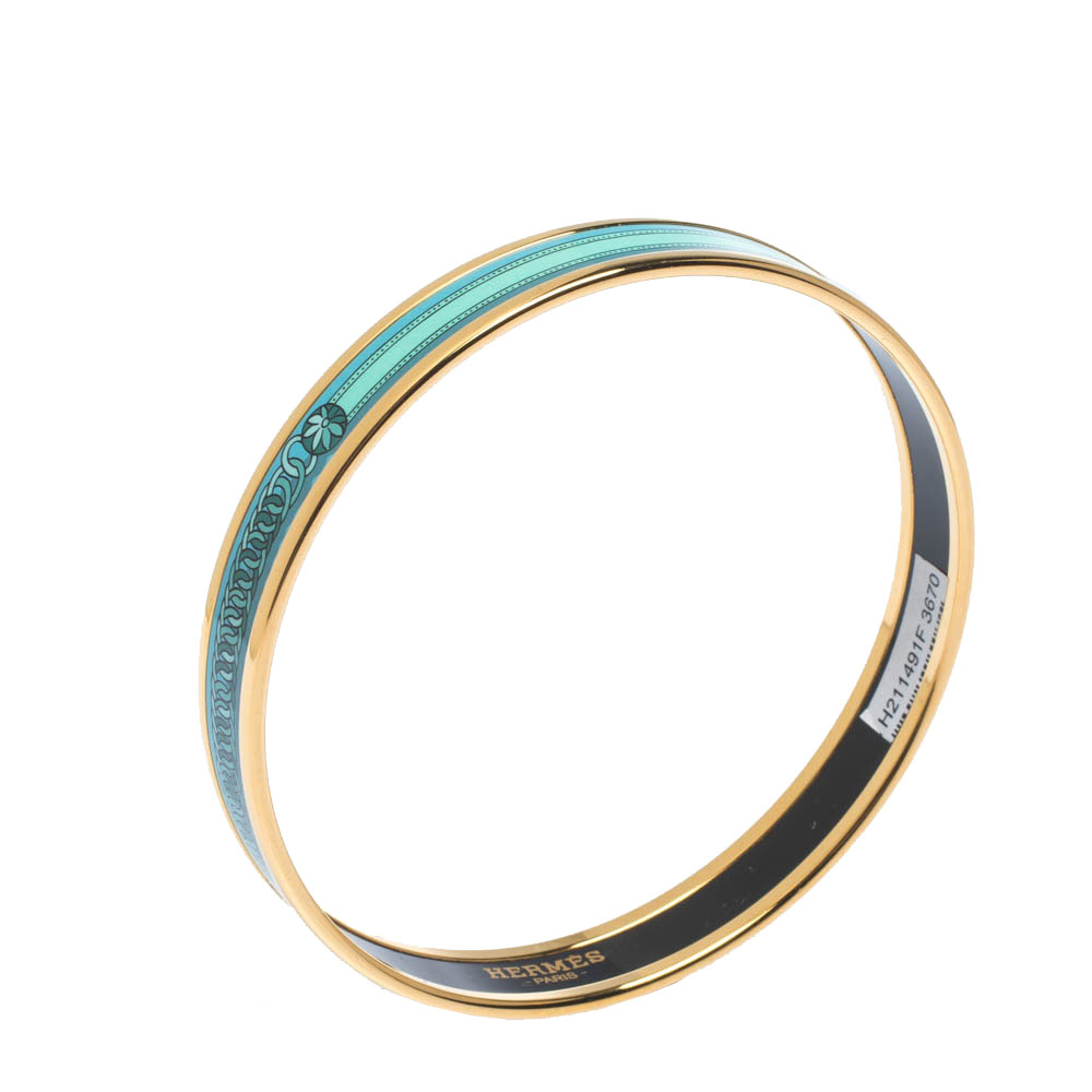 

Hermes Turquoise Printed Enamel Gold Plated Narrow Bangle Bracelet, Blue