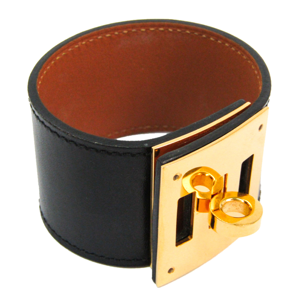 Pre-owned Hermes Kelly Dog Black Leather Gold Plated Wide Bracelet S