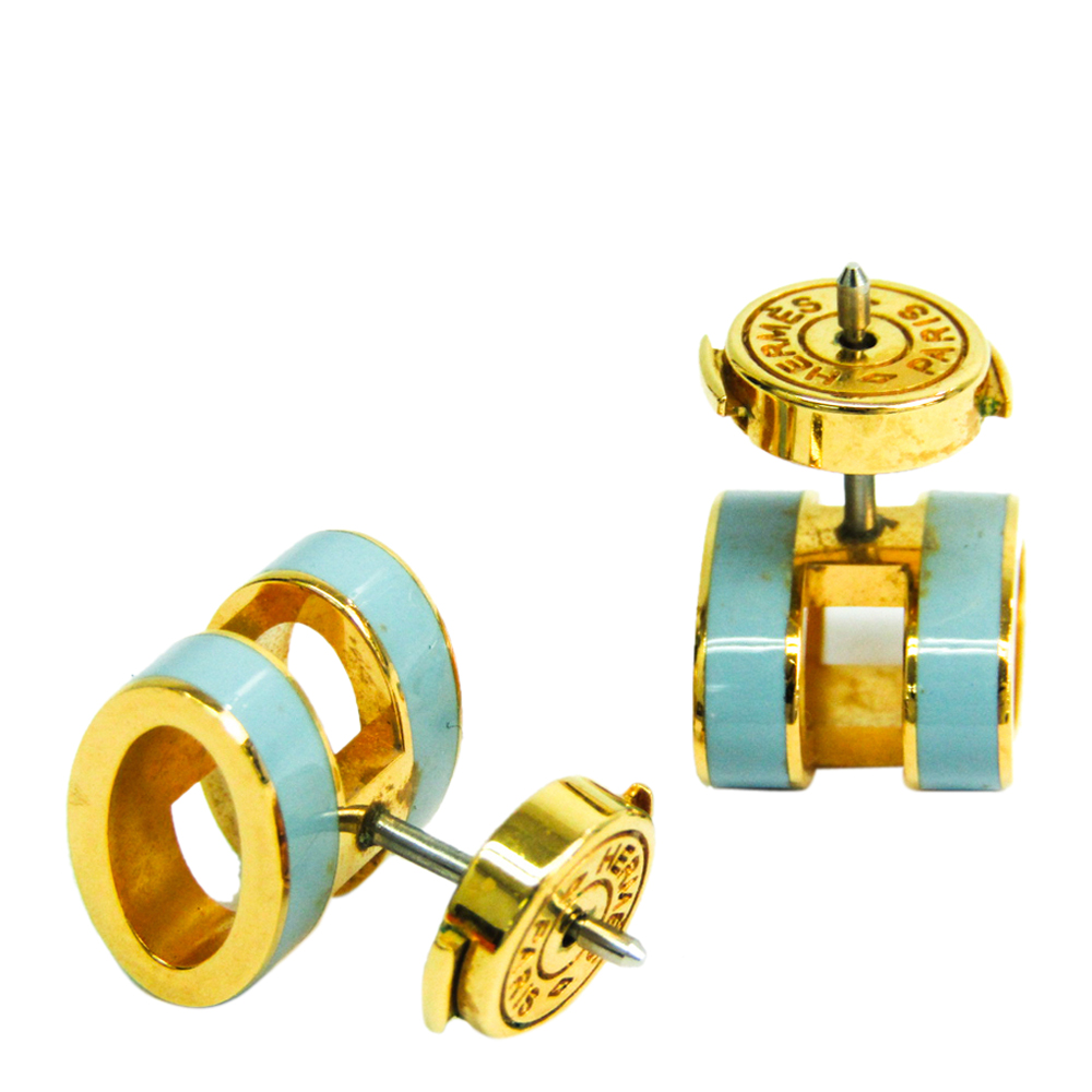 

Hermes Pop H Lacquer Blue Gold Plated Metal Stud Earrings